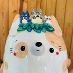 Cream spotty doggo pot with Totoro friends