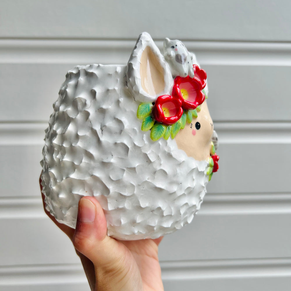 LARGE flowery llama pot with grey cat friends, photo 2 of 9
