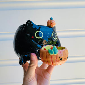 2 in 1 Halloween 2021 black cat with pumpkin friends planter