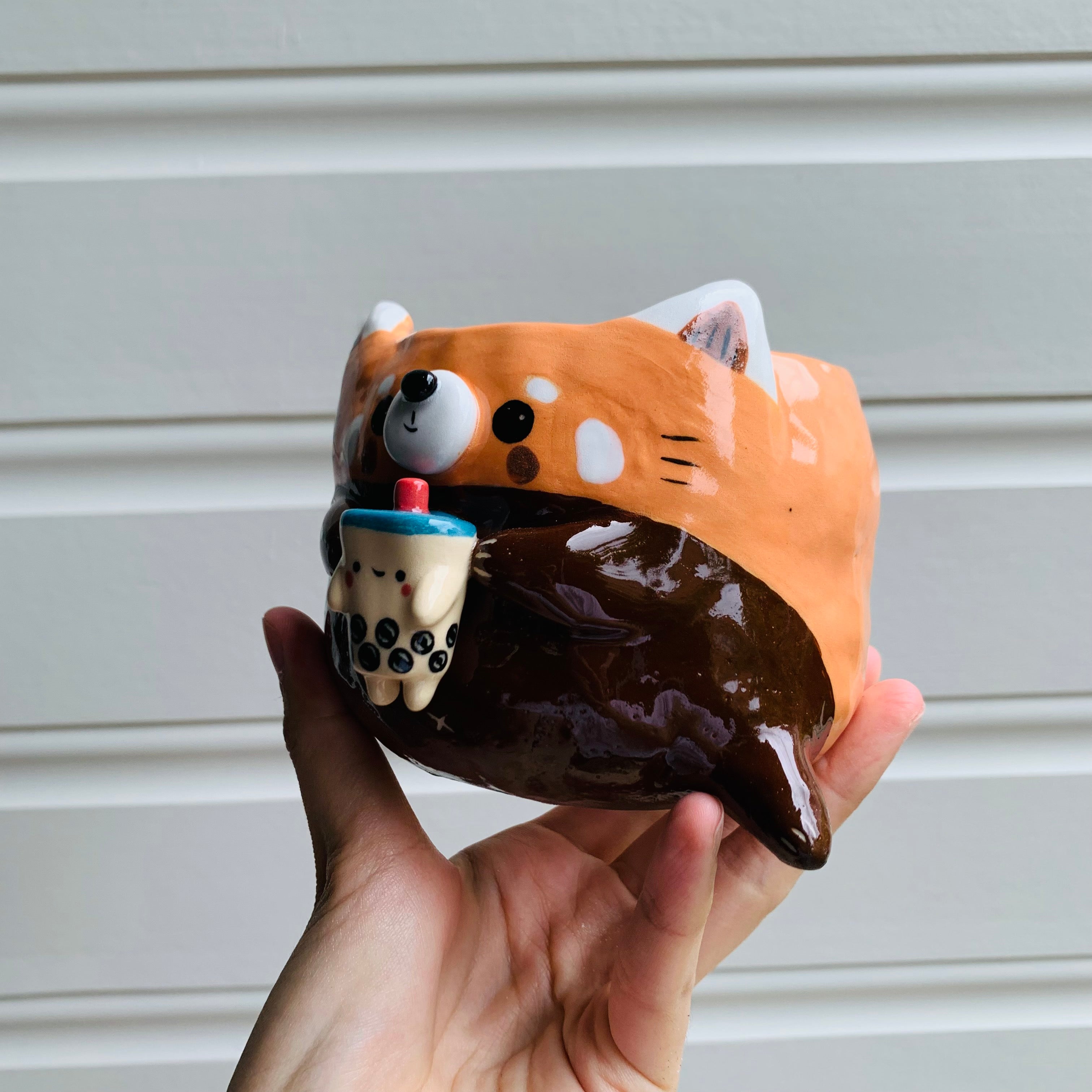 Red panda pot with bubble tea friend