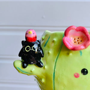 Flowery cactus pot with black cats and bird friends