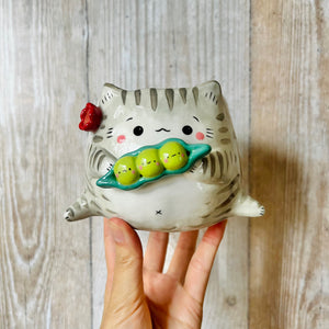 GREY CAT POT with peas in a pod friend