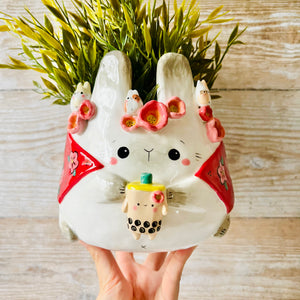 LNY cape wearing flowery Bunny pot with BBT and bunny friends