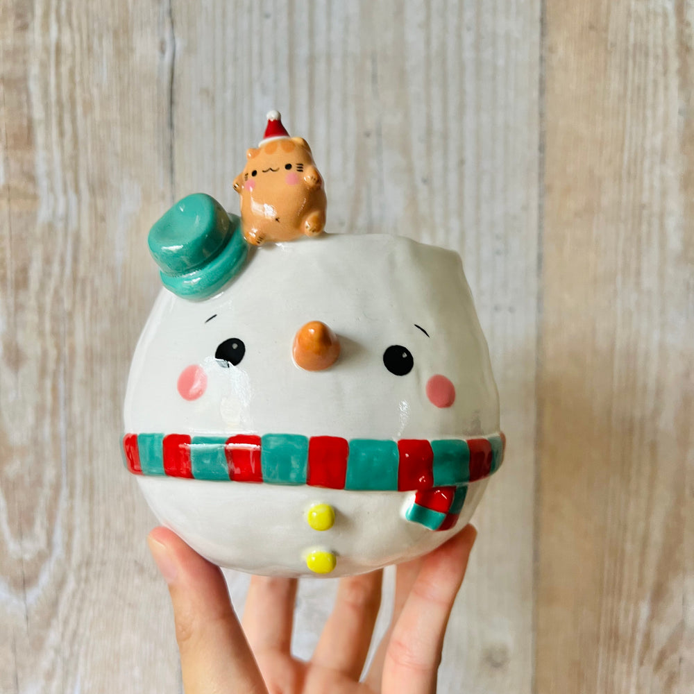 BAUBLE SNOWMAN POT with ginger kitty friend, photo 1 of 7