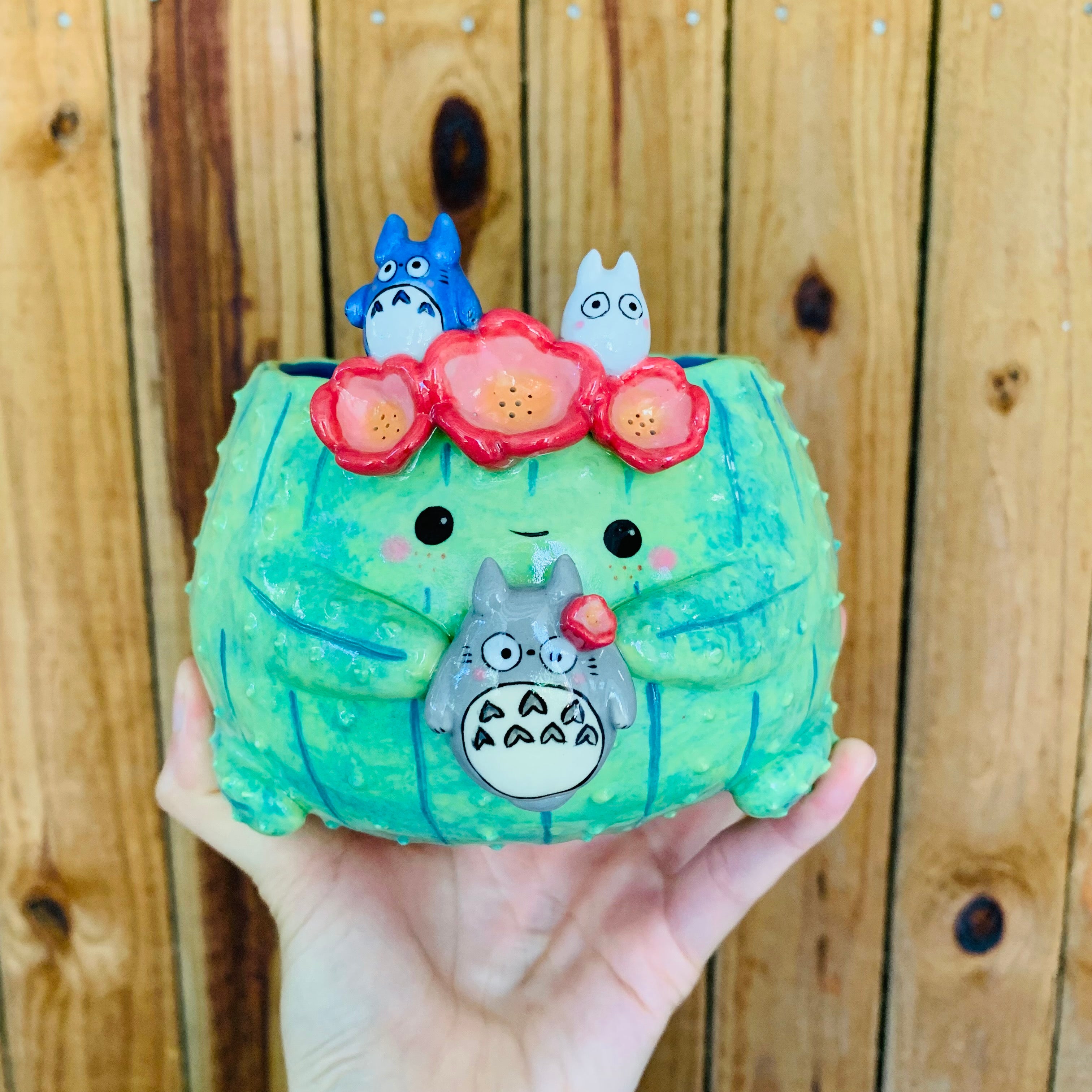 Dark green flower crown cactus pot with Totoro friends