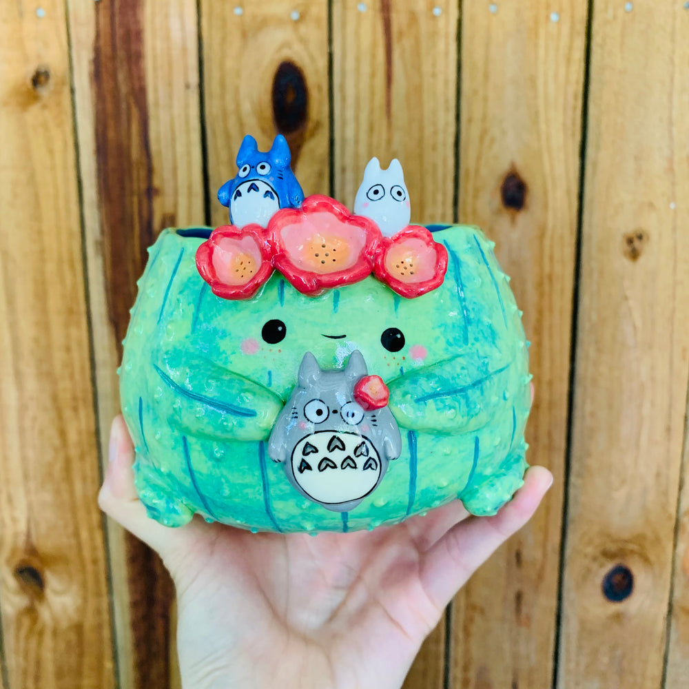 Dark green flower crown cactus pot with Totoro friends, photo 1 of 9