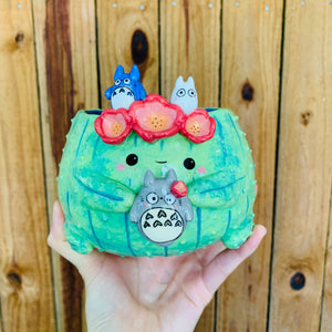 Dark green flower crown cactus pot with Totoro friends