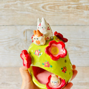 LNY GREEN FLOWERY BUNNIES tea light candle holder