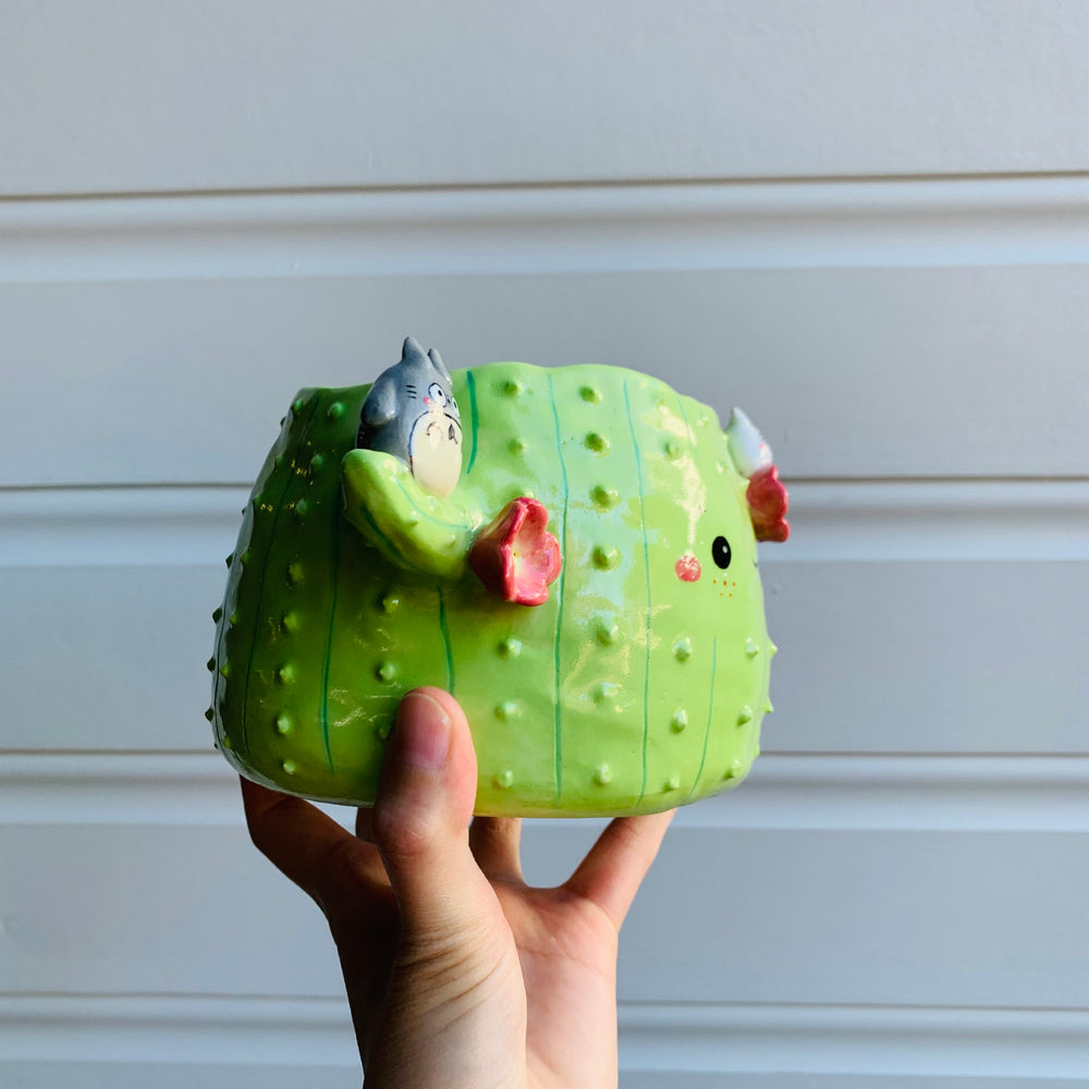 Light green flowery cactus pot with Totoro friends, photo 4 of 10