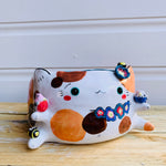 BIG FLOWERY cat pot with bird and bee friends