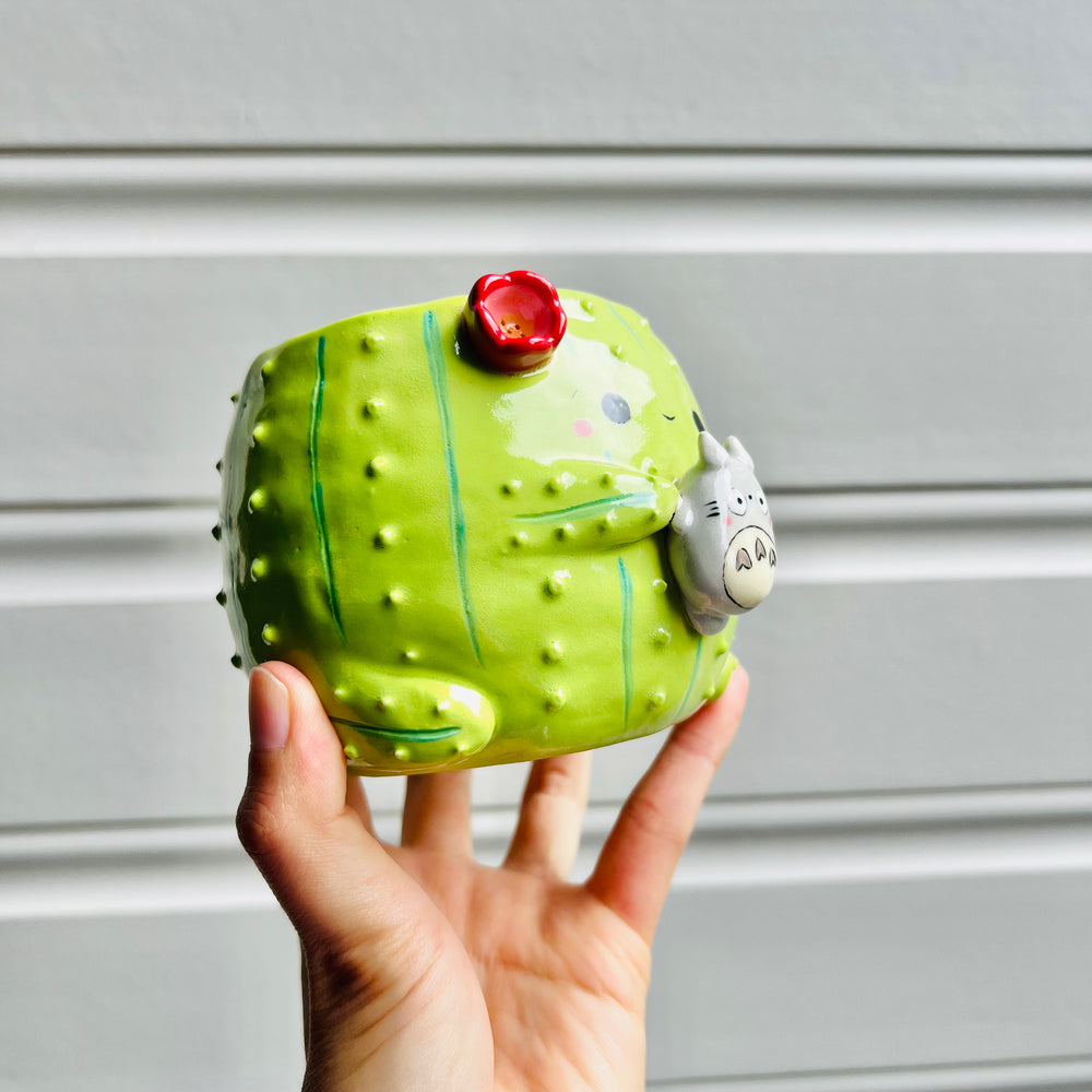 Flowery cactus pot with Totoro friend, photo 2 of 5