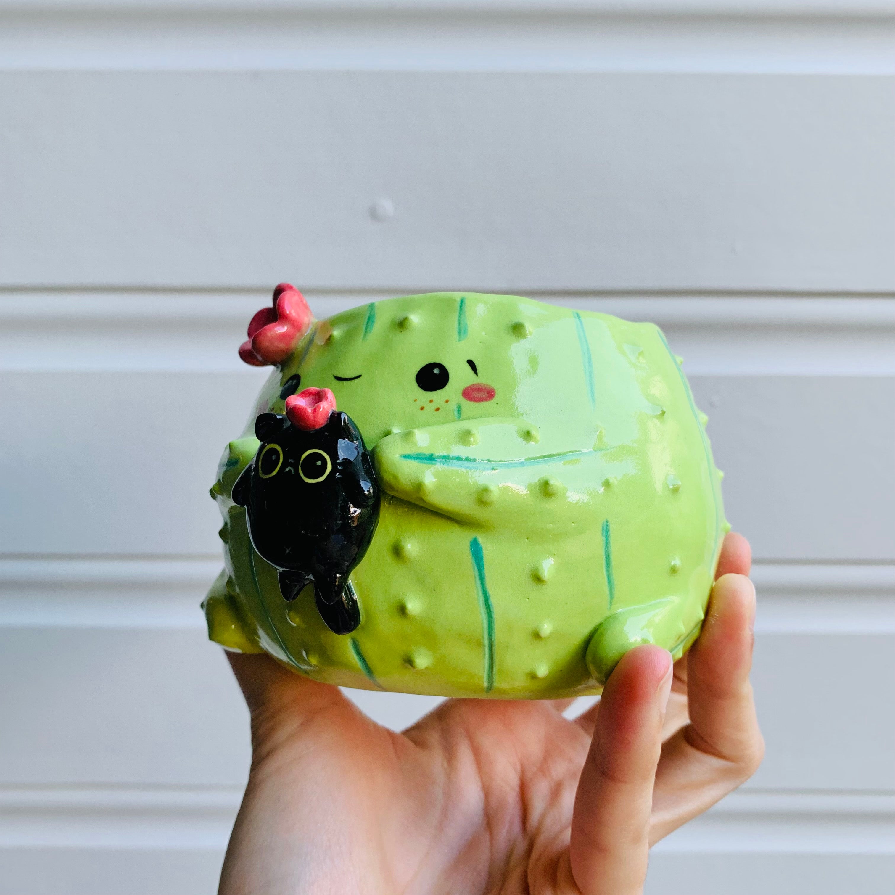 Flowery cactus pot with black cat friend