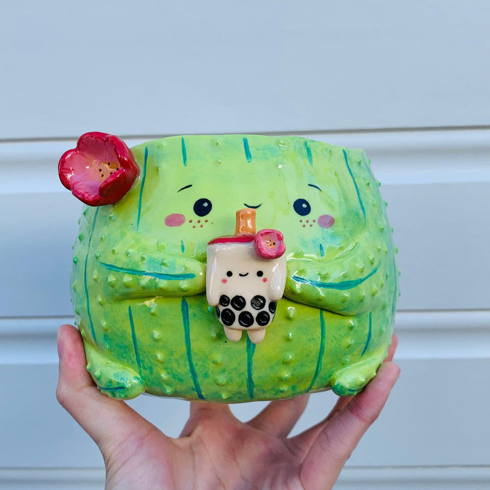 Dark green flowery cactus with bubble tea friend planter, photo 2 of 10