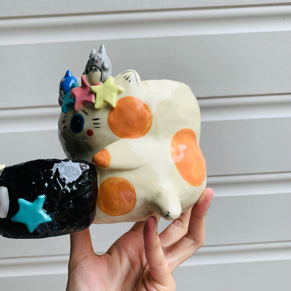 2 in 1 Spotty ginger cat and soot sprite pot with Totoro friends, photo 3 of 16