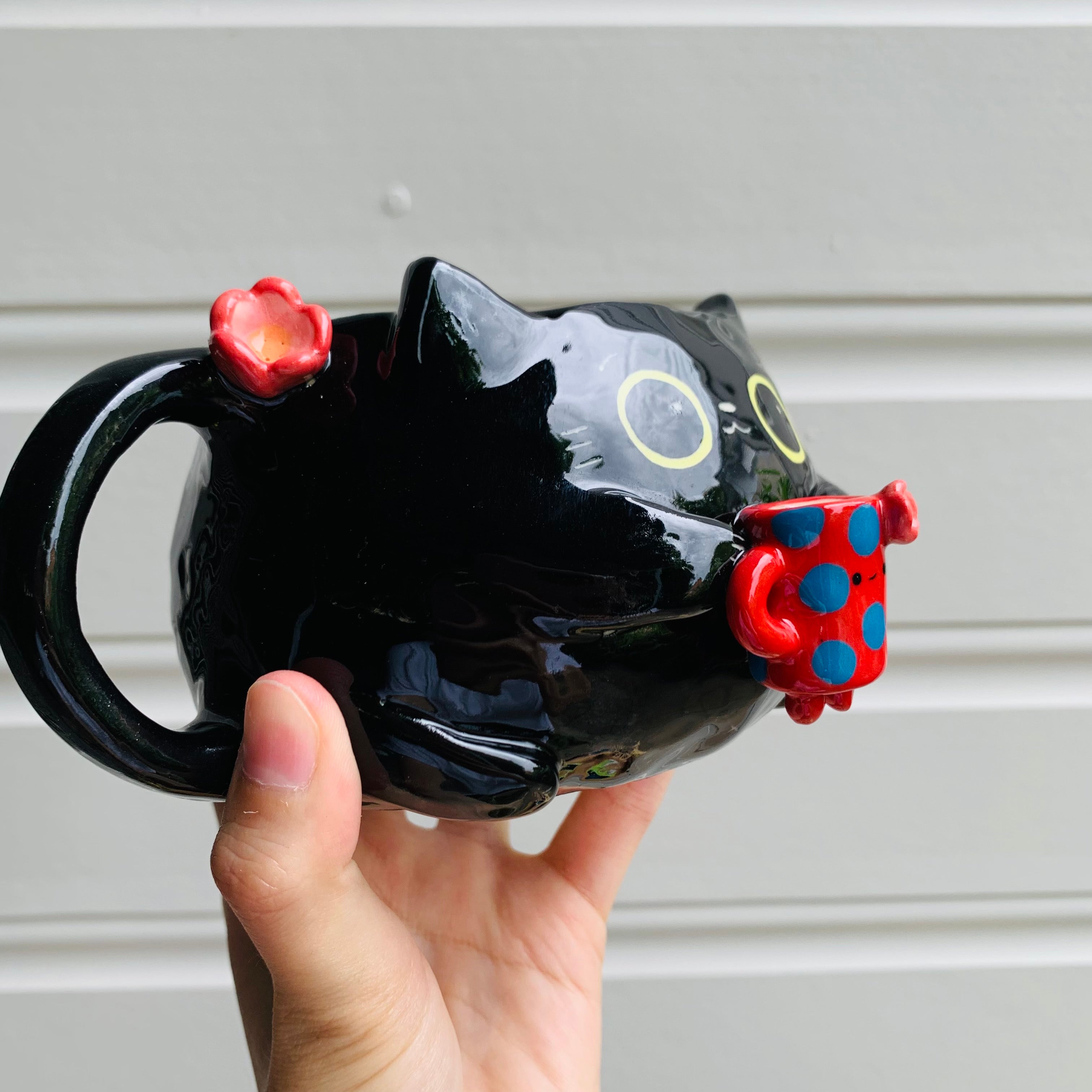 BLACK CAT coffee pun mug with mug friend