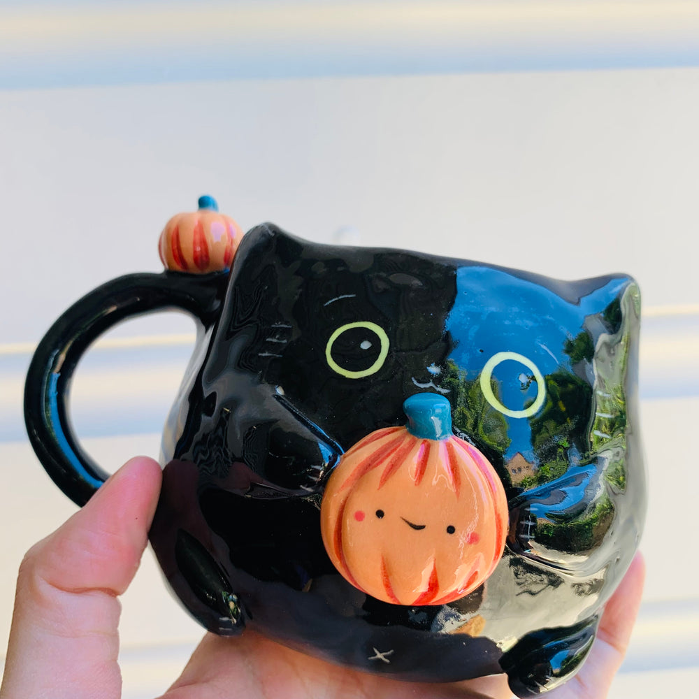 Black cat mug with pumpkin friends, photo 5 of 9