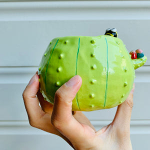 Flowery cactus pot with bird and bee friends