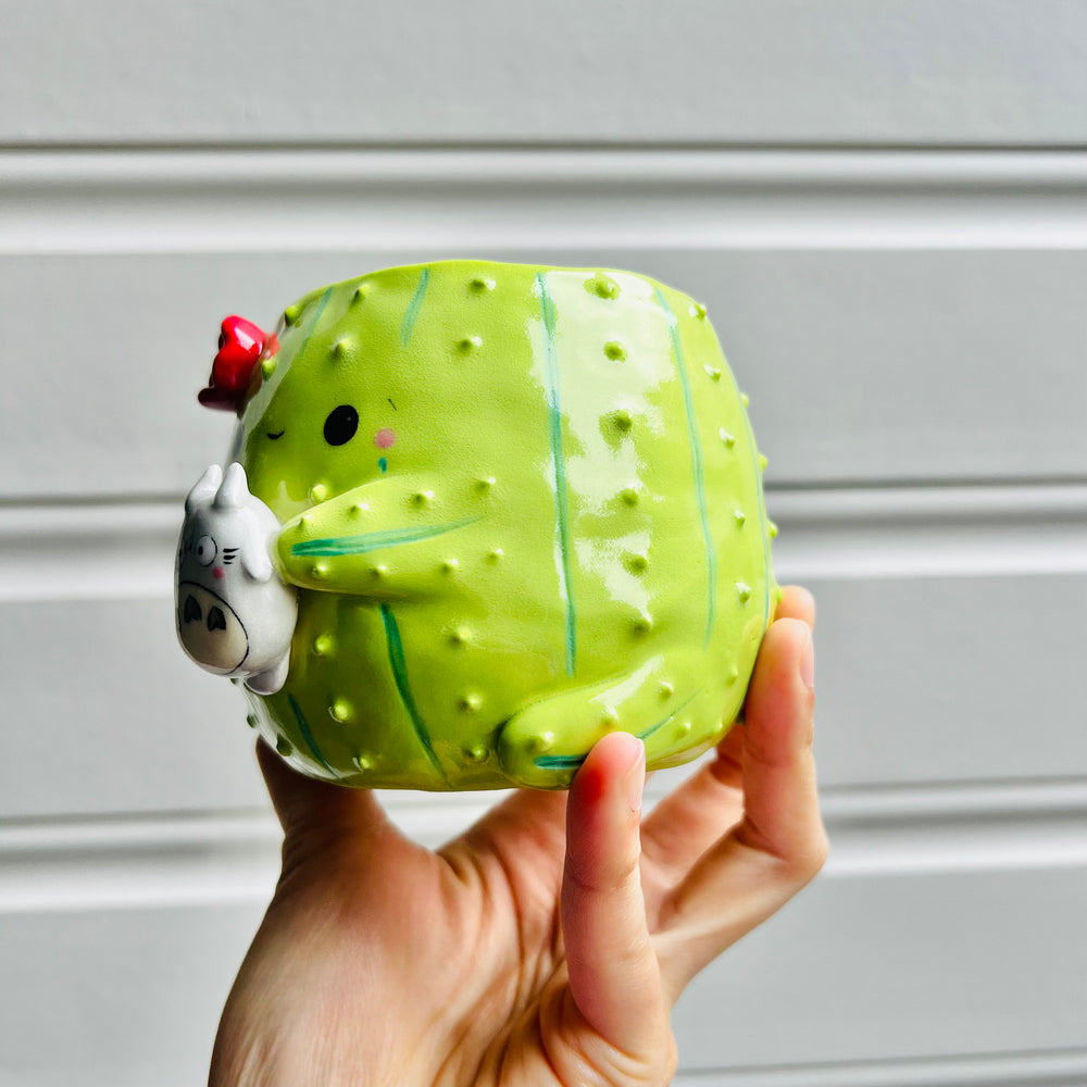 Flowery cactus pot with Totoro friend, photo 3 of 5