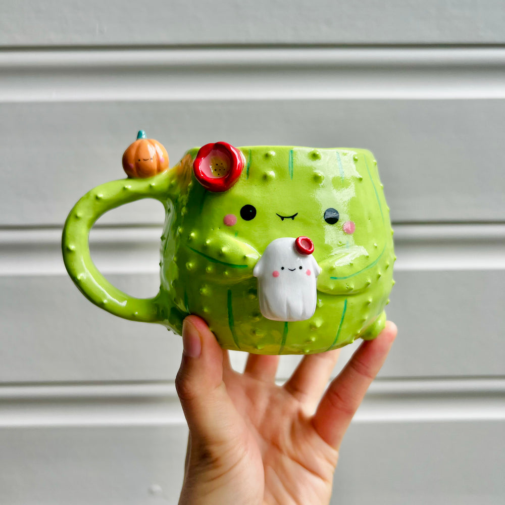 Halloween cactus mug with ghost friend, photo 1 of 6