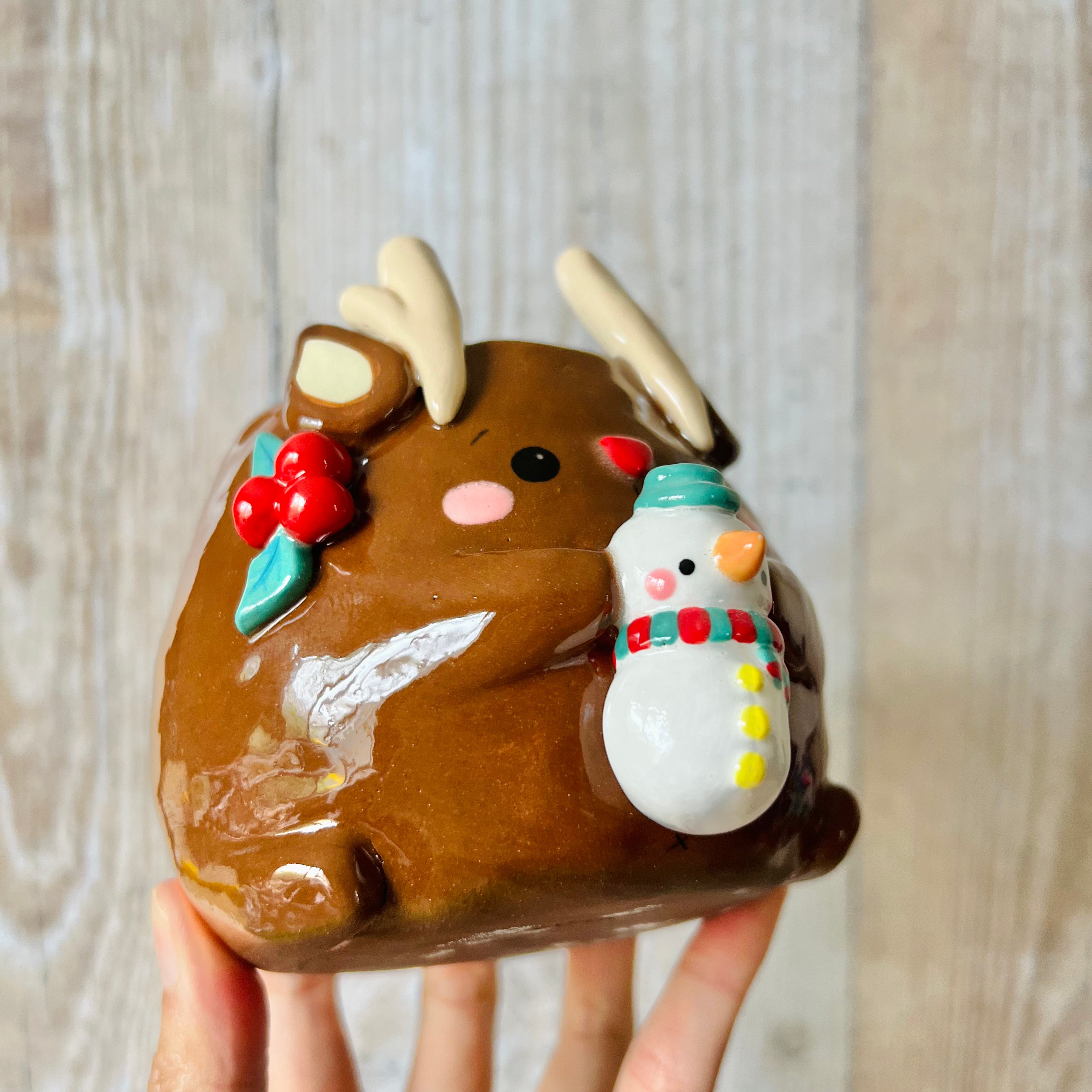 FESTIVE REINDEER POT with snowman friend