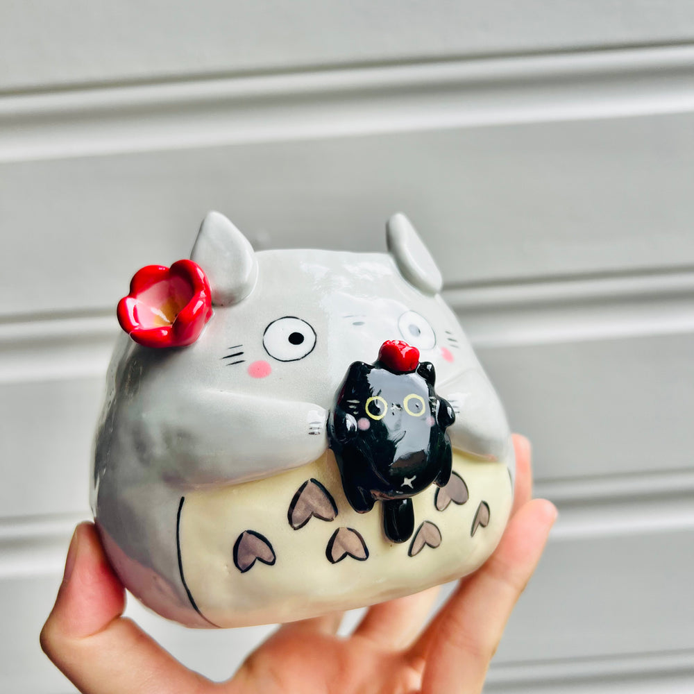 Totoro pot with black cat friend, photo 2 of 6