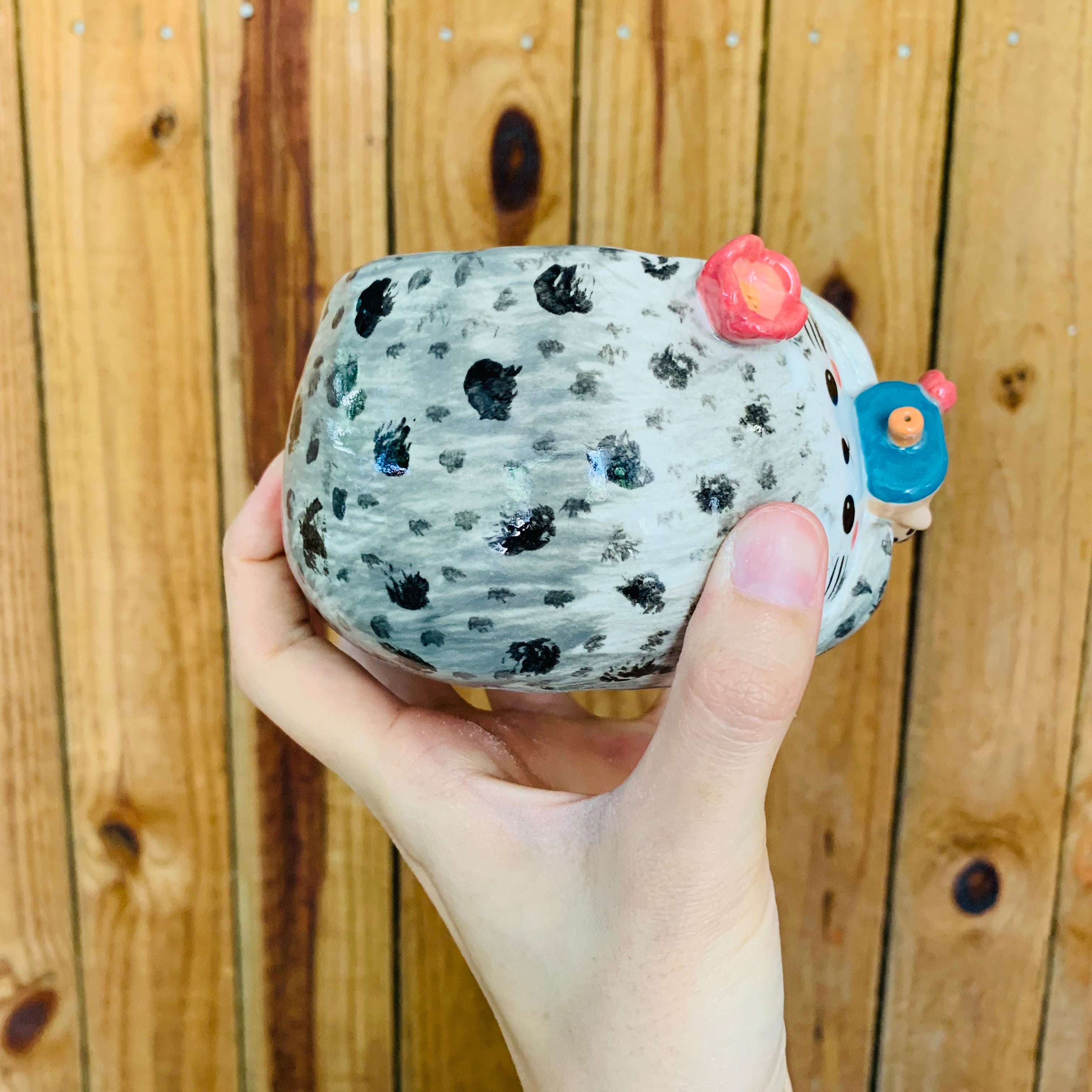 Chubby spotted seal with bubble tea friends pot