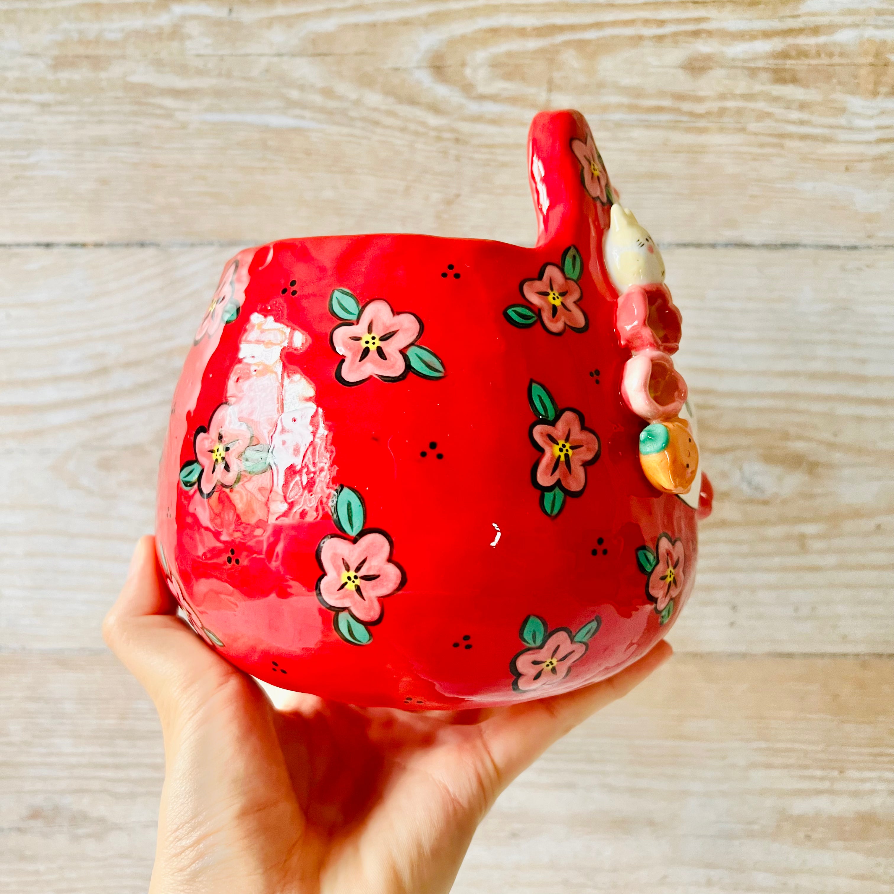 LNY RED flowery Daruma Bunny pot with bunny and mandarin friends