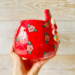 LNY RED flowery Daruma Bunny pot with bunny and mandarin friends