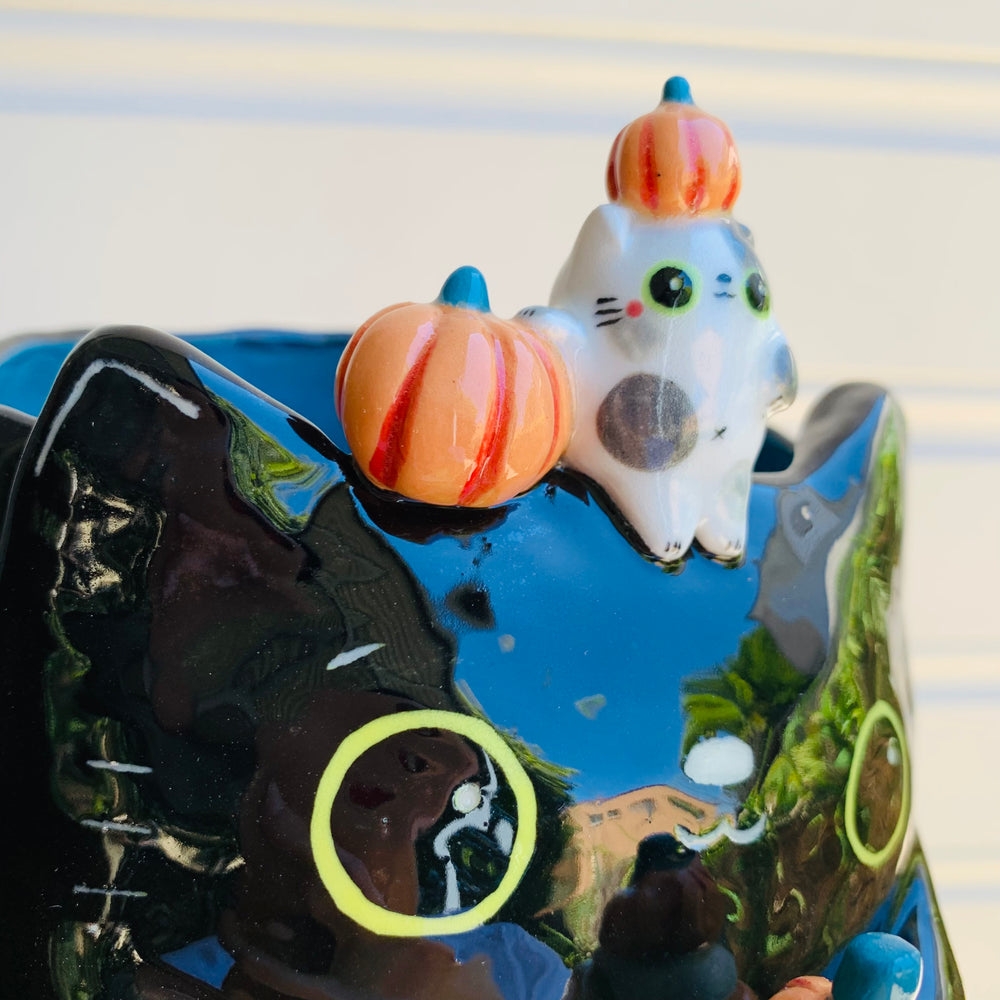 Big black cat with pumpkin and cat friends Halloween planter, photo 8 of 13
