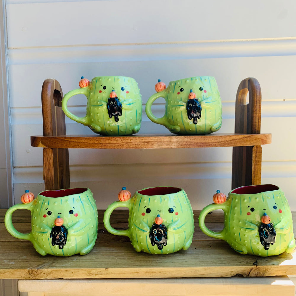 Pumpkin cactus mug with black cat friend, photo 4 of 9