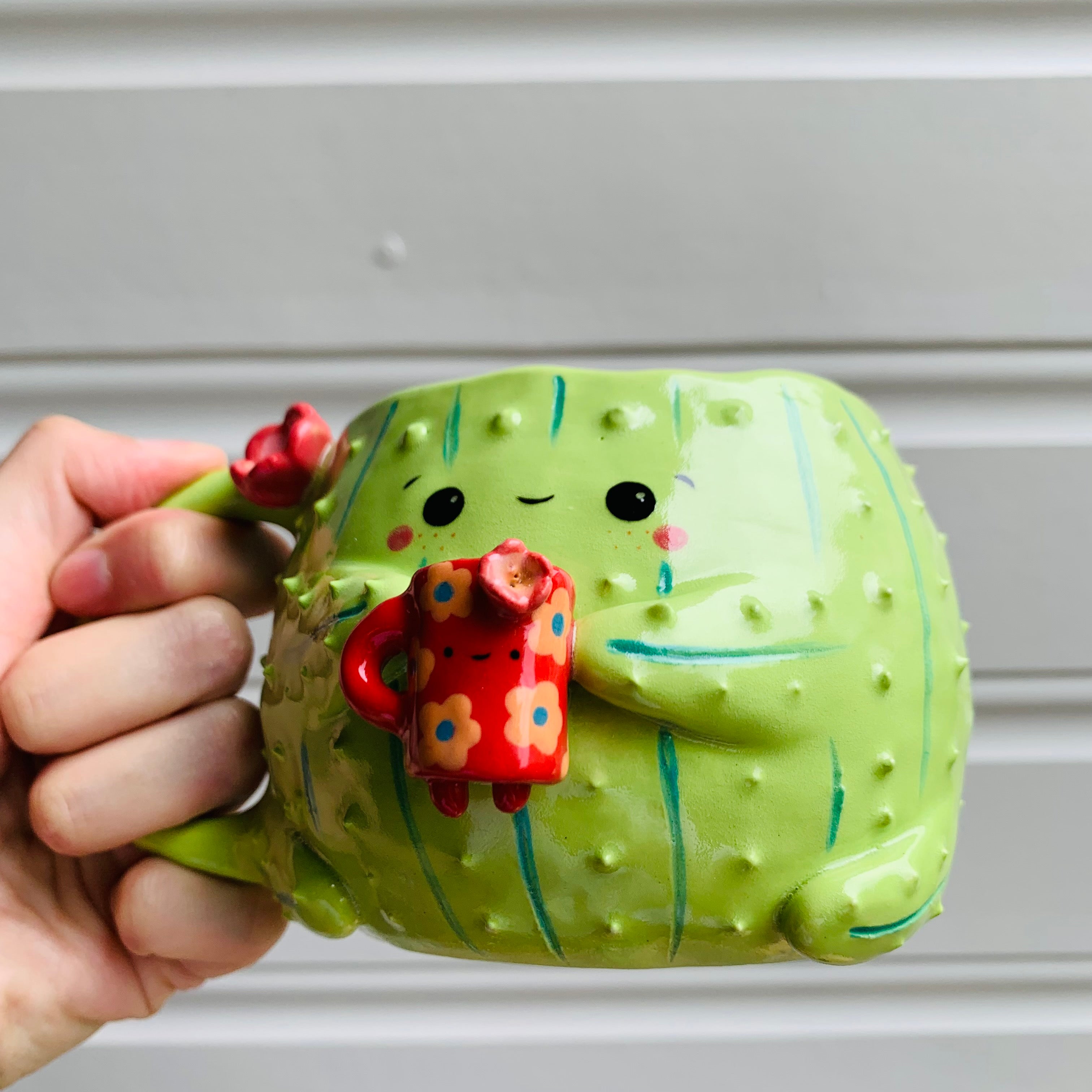 Light green CACTUS coffee pun mug with mug friend