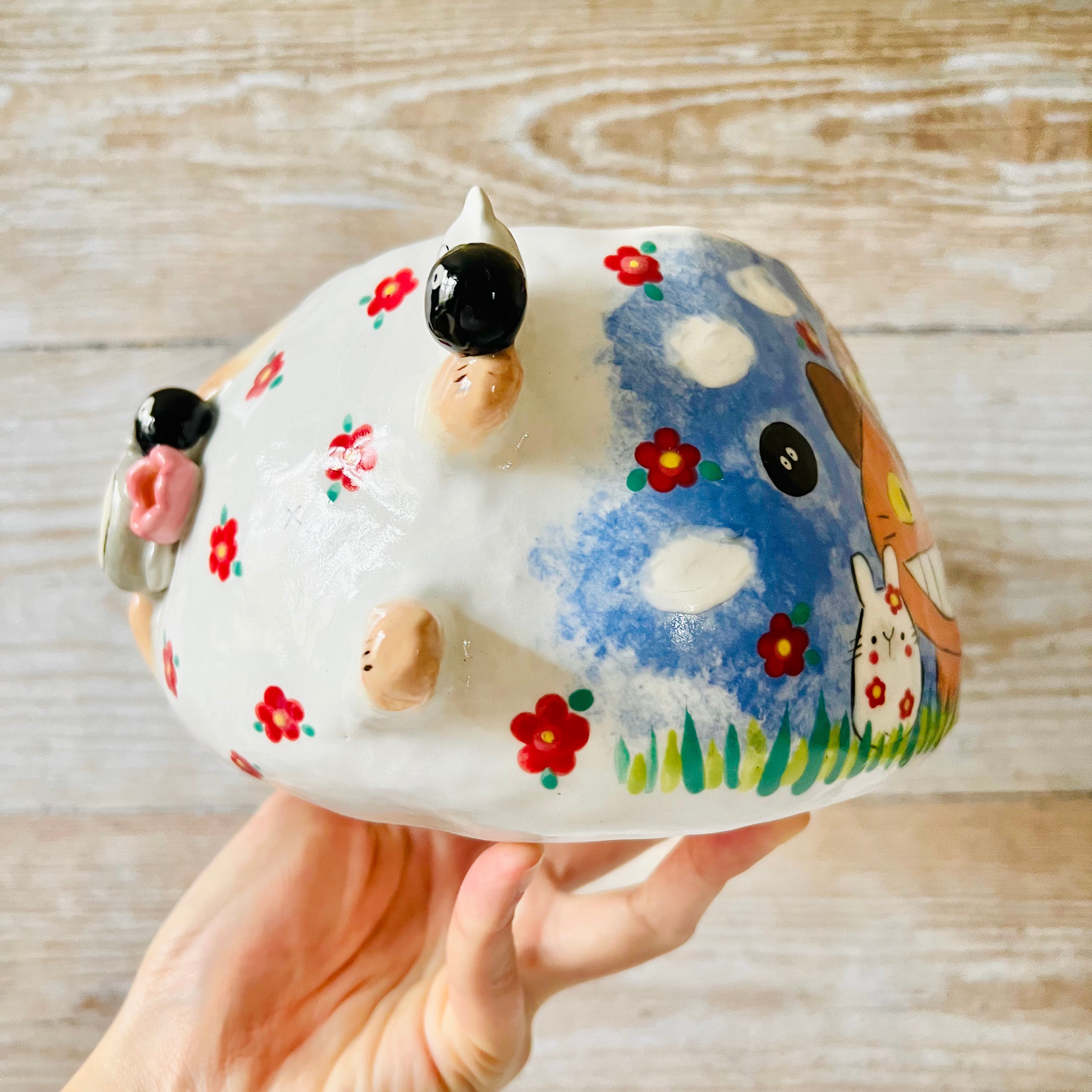 LNY SIDEWAYS BUNNY POT with Totoro friends and LNY CAT BUS painting