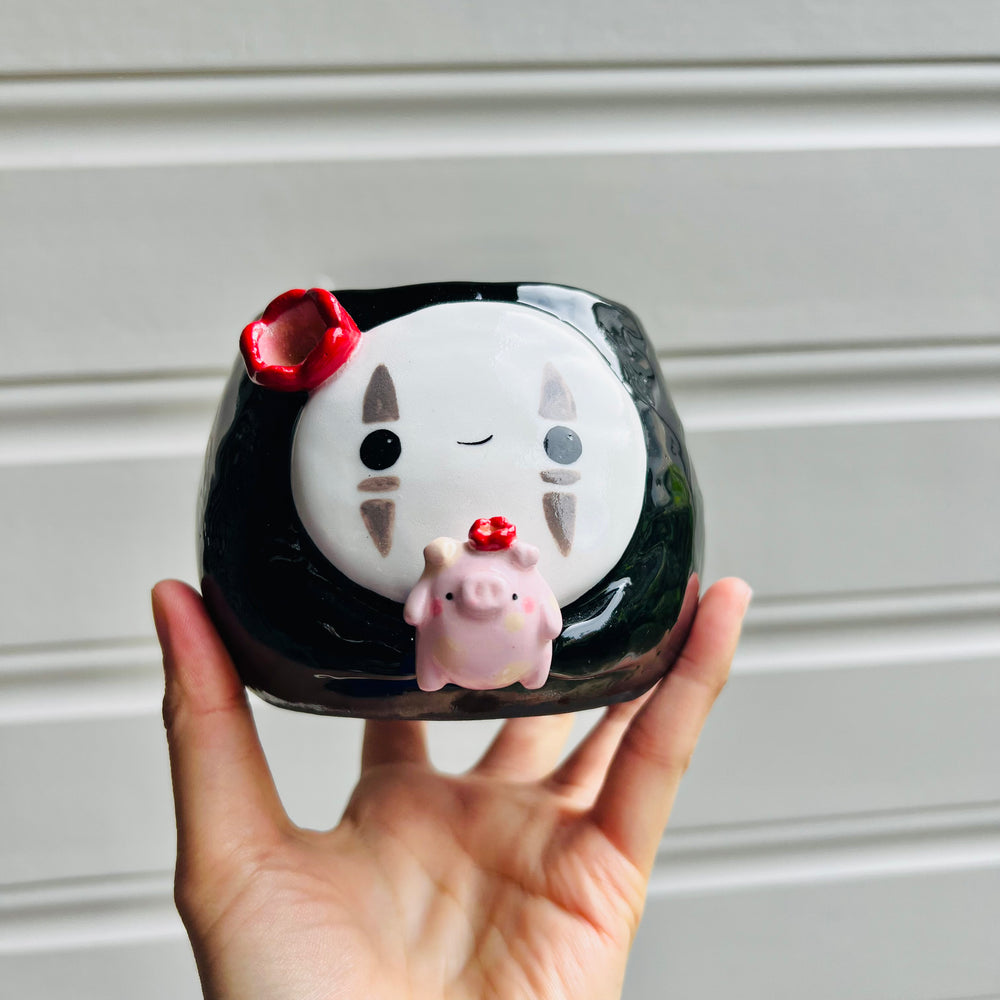 No Face pot with pig friend, photo 1 of 5