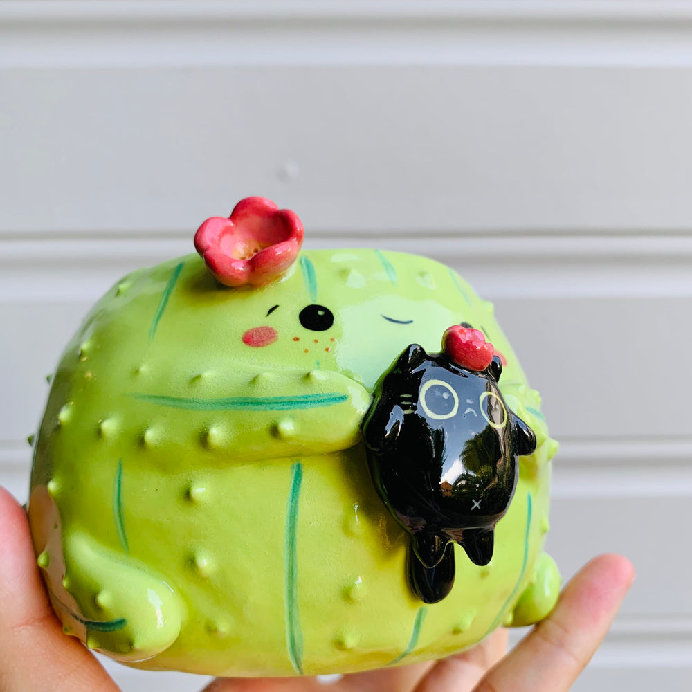 Flowery cactus pot with black cat friend, photo 6 of 6