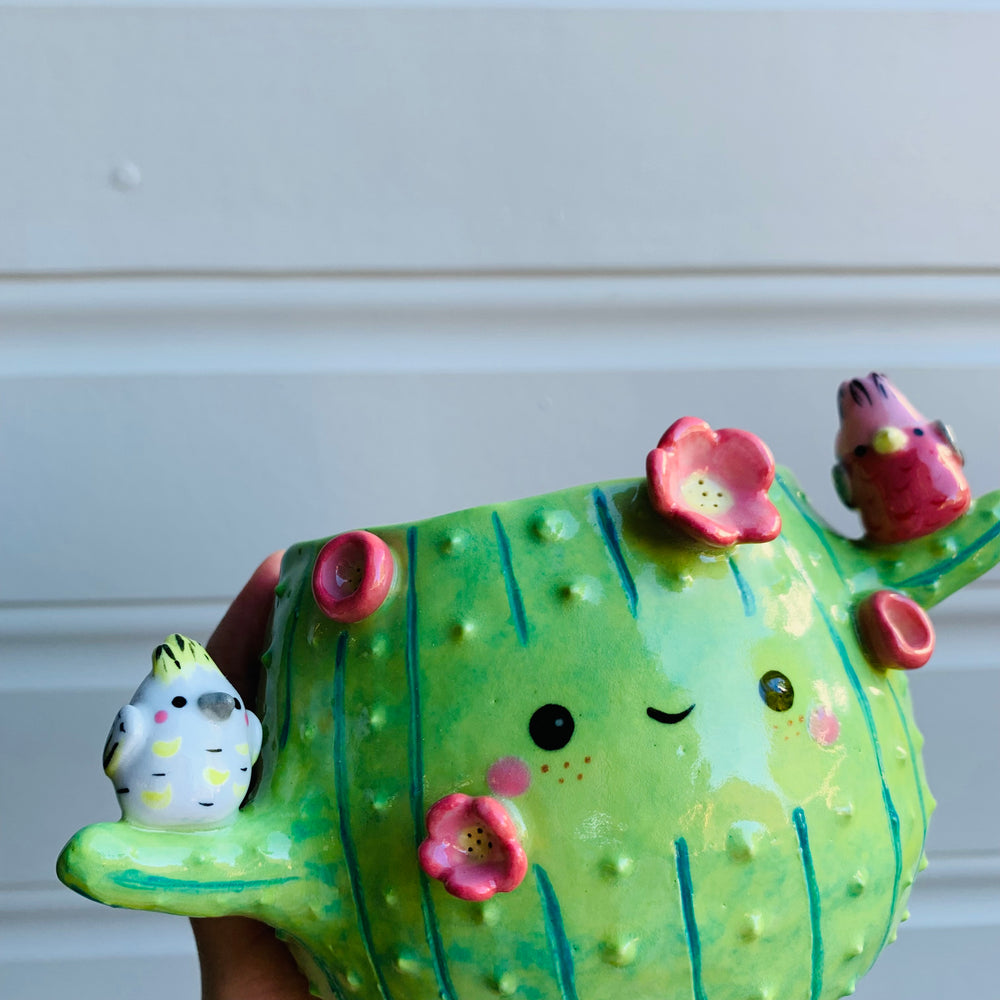 Dark green flowery cactus pot with Aussie bird friends, photo 3 of 7