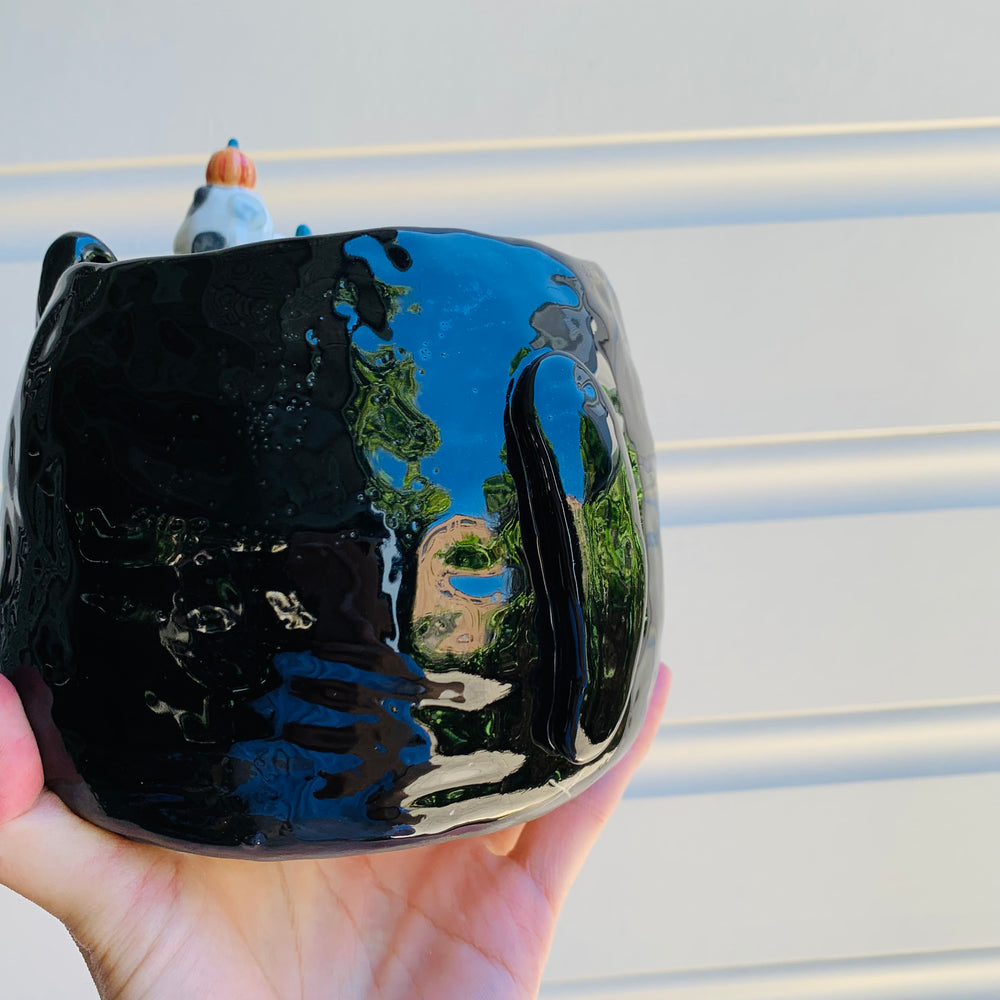 Big black cat with pumpkin and cat friends Halloween planter, photo 5 of 13