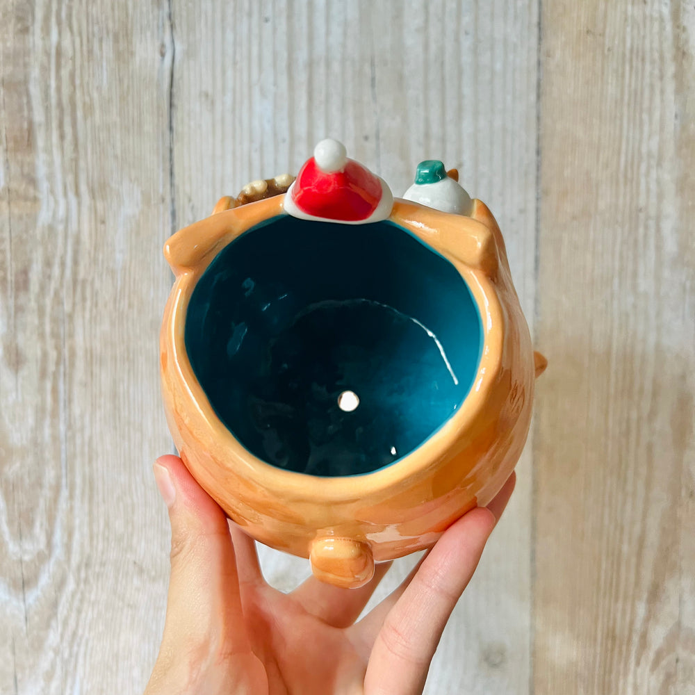 FESTIVE CAT POT with reindeer and snowman friend, photo 5 of 6