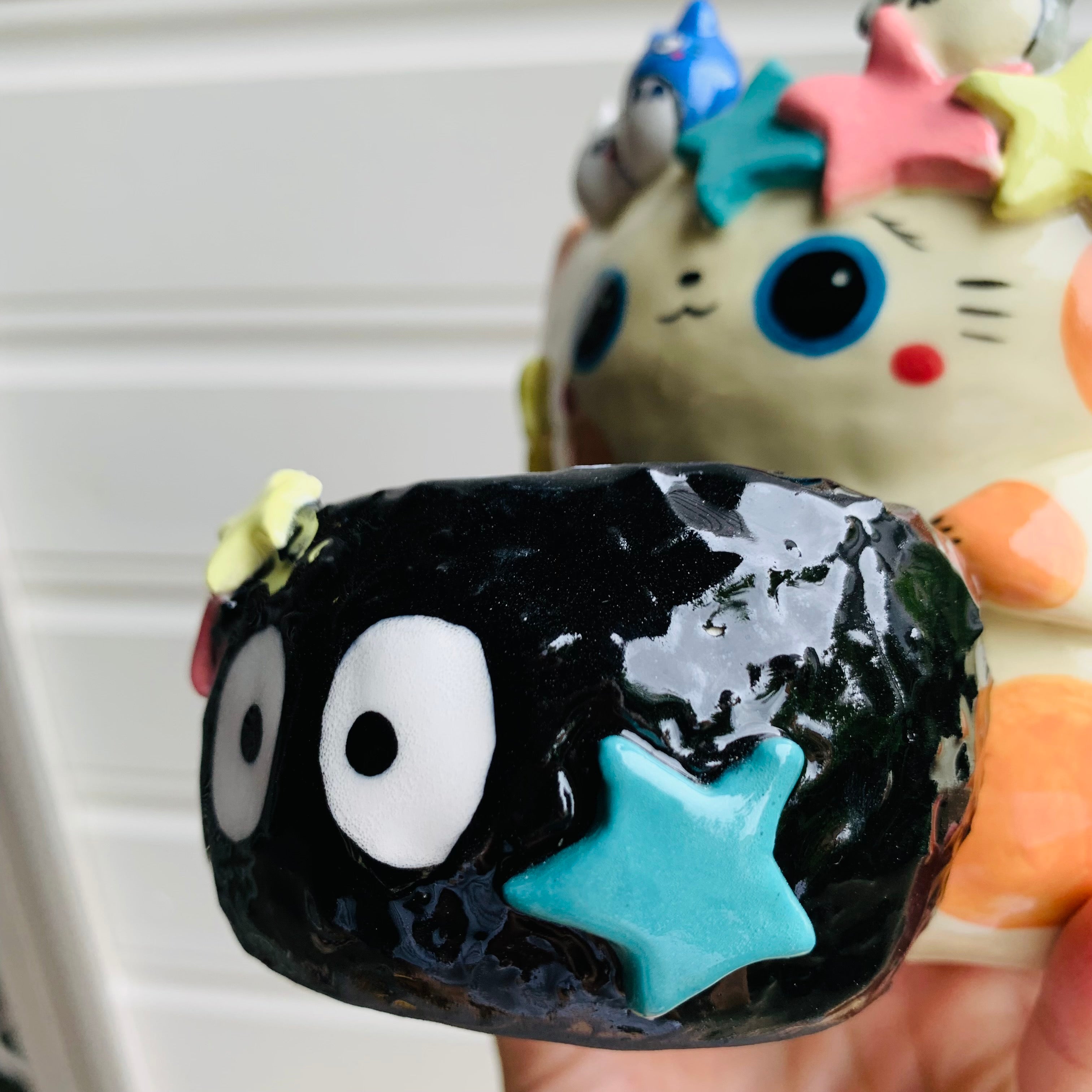 2 in 1 Spotty ginger cat and soot sprite pot with Totoro friends