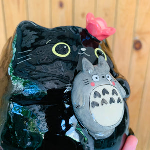 SET OF 2! Black cat pot with Totoro friend AND Totoro pot with black cat friend