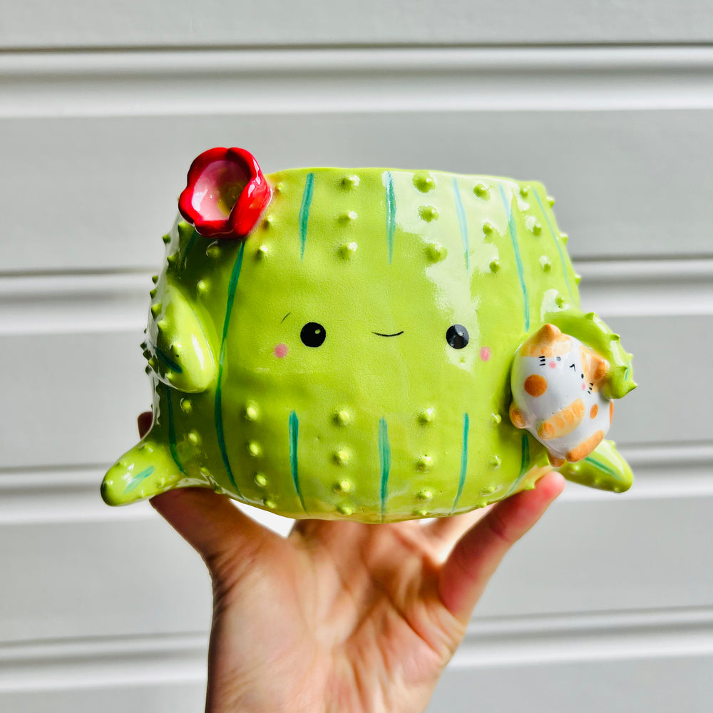 Large flowery cactus pot with ginger cat friend, photo 1 of 6