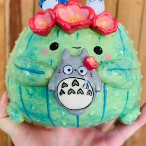 Dark green flower crown cactus pot with Totoro friends