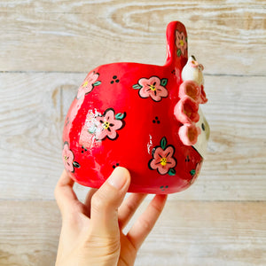 LNY RED Flowery Daruma Bunny pot with bunny friends