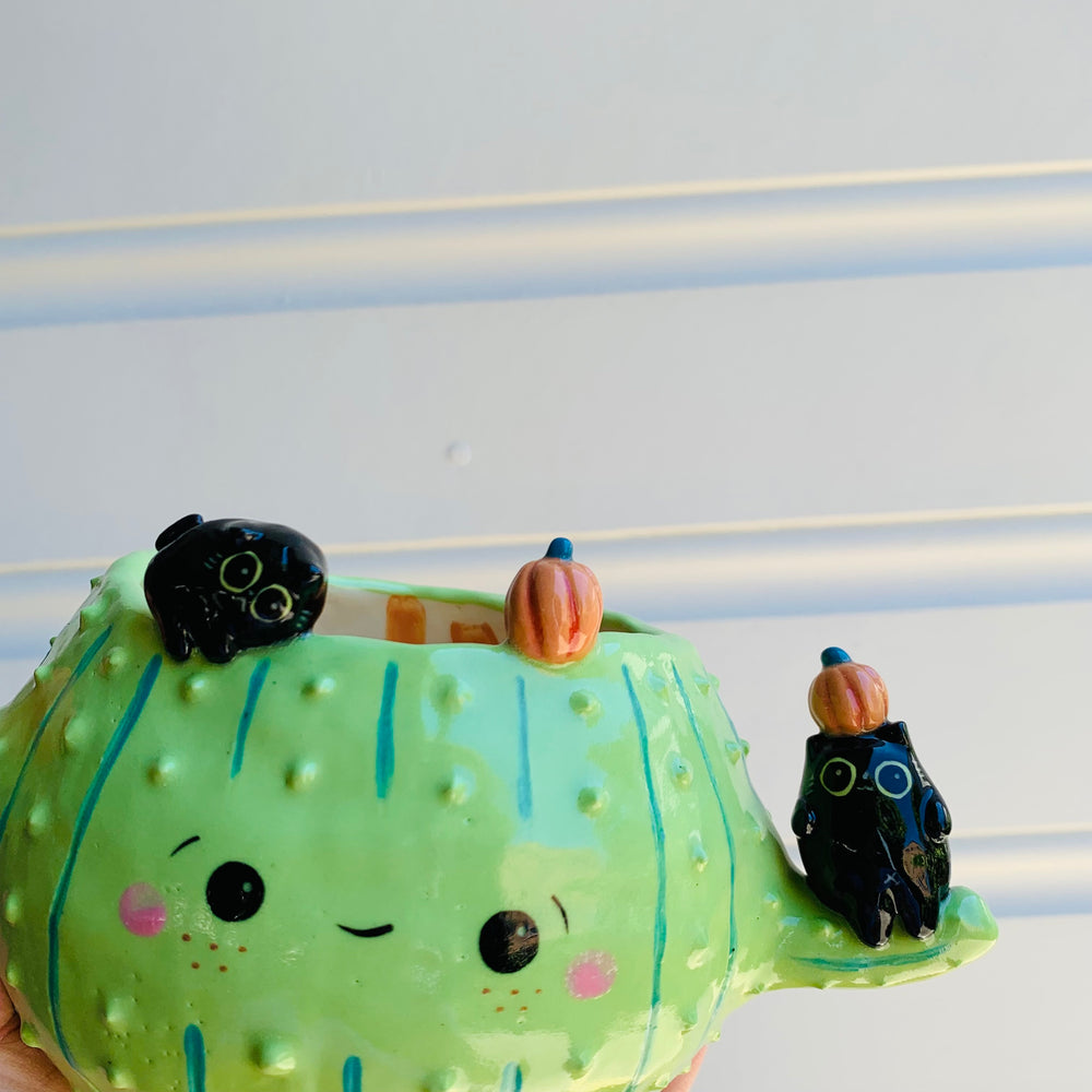 Pumpkin cactus pot with black cat friends, photo 7 of 7