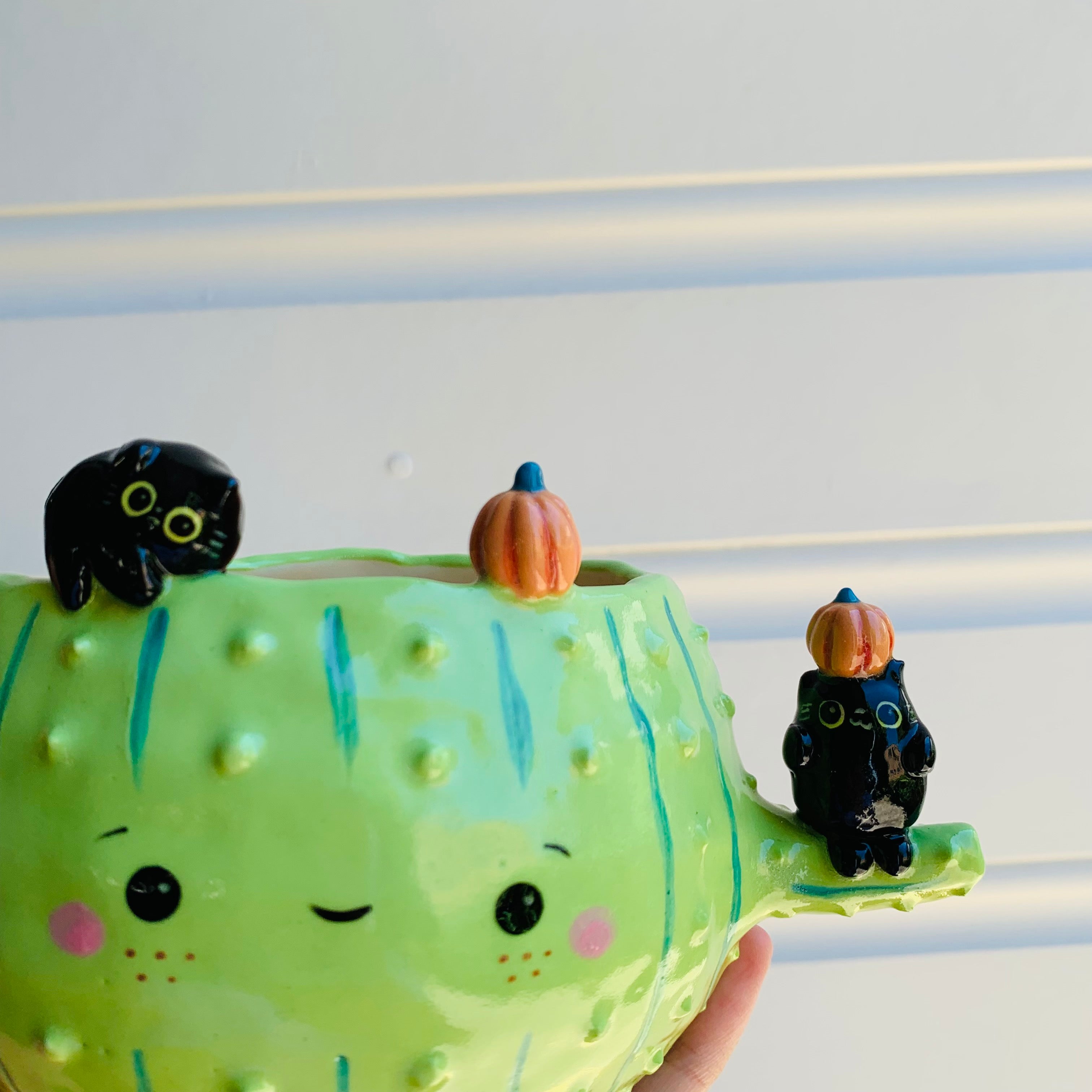 Pumpkin cactus pot with black cat friends