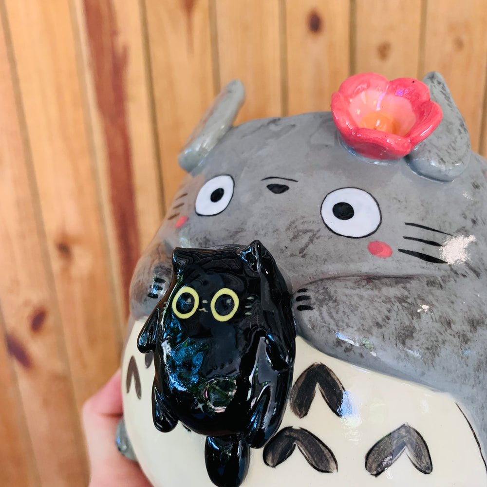 SET OF 2! Black cat pot with Totoro friend AND Totoro pot with black cat friend, photo 10 of 18