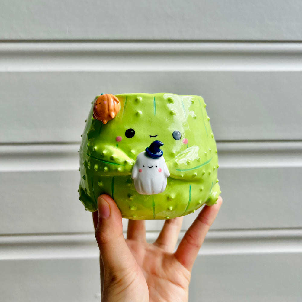 Halloween cactus pot with ghost & pumpkin friend, photo 1 of 7