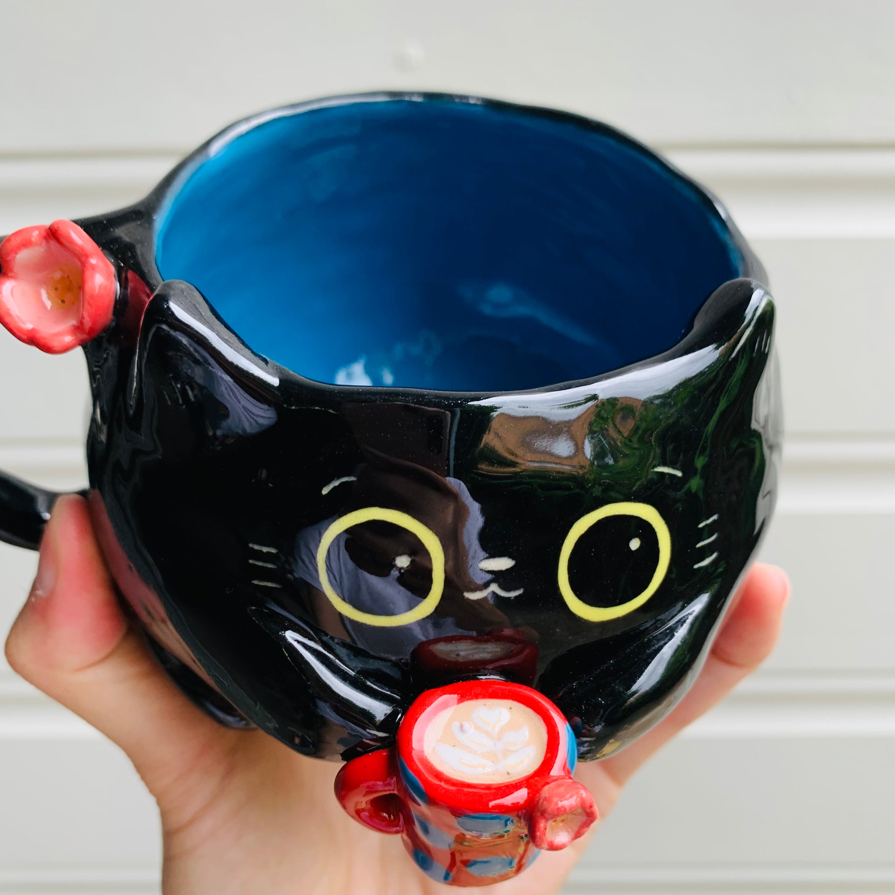 BLACK CAT coffee pun mug with mug friend