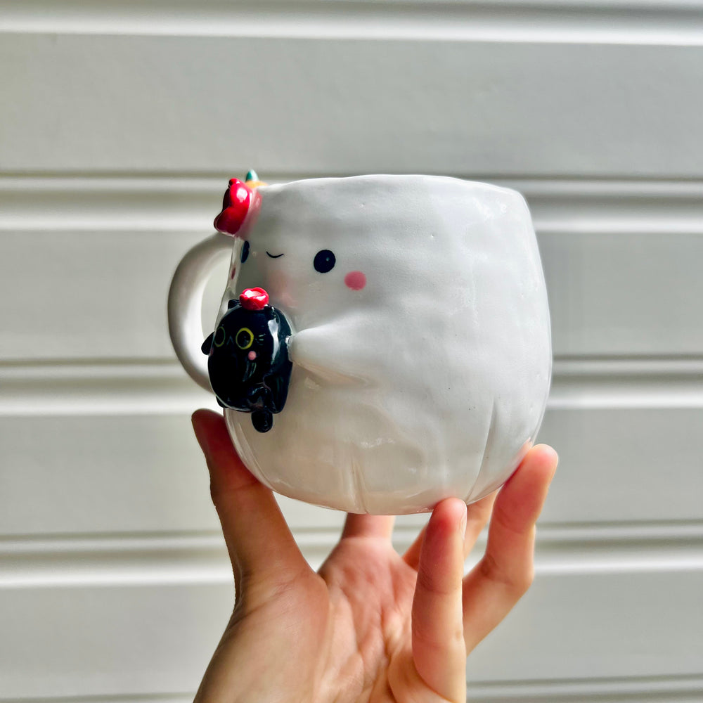 Halloween ghost mug with black cat friend, photo 3 of 7