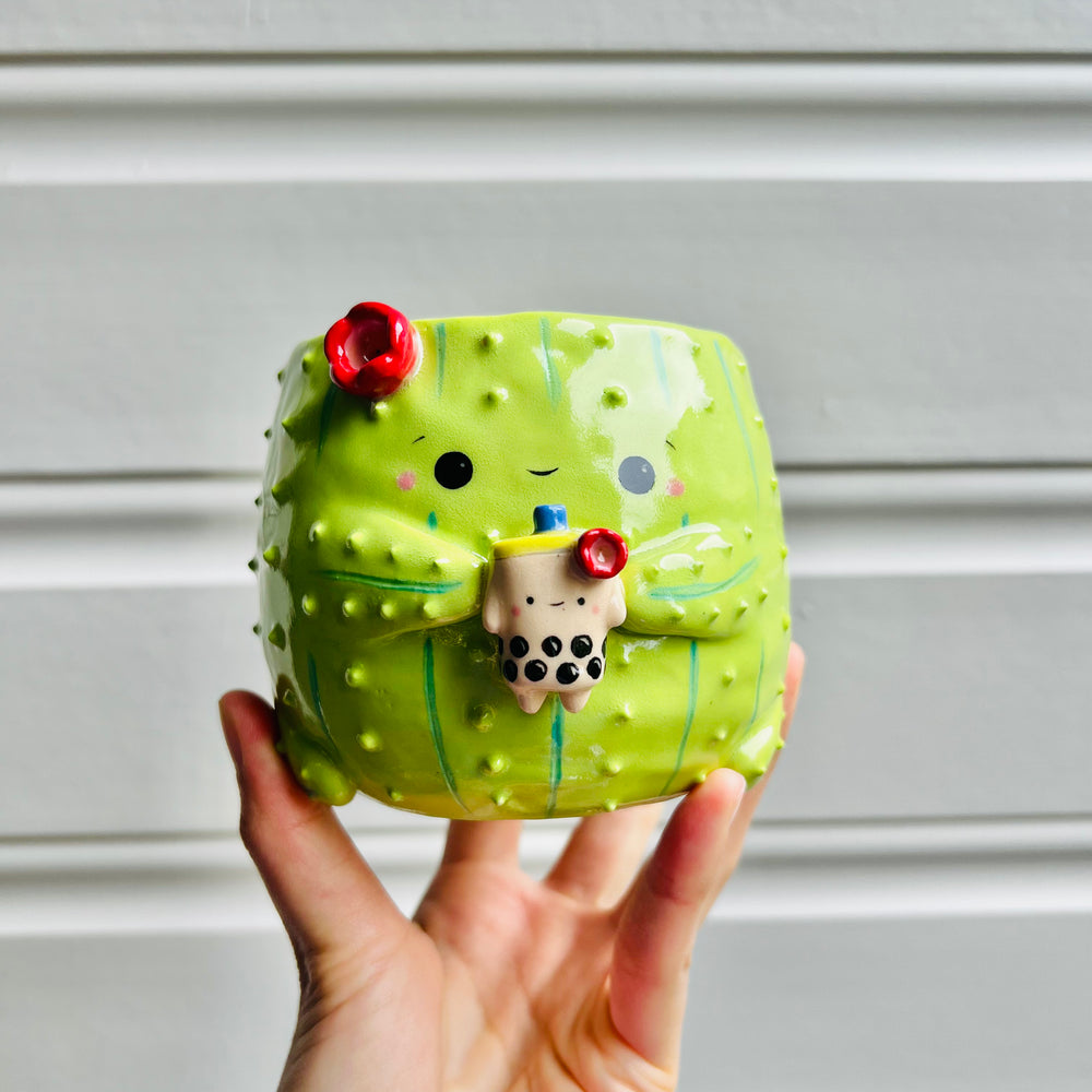 Flowery Cactus pot with bubble tea friend, photo 1 of 5