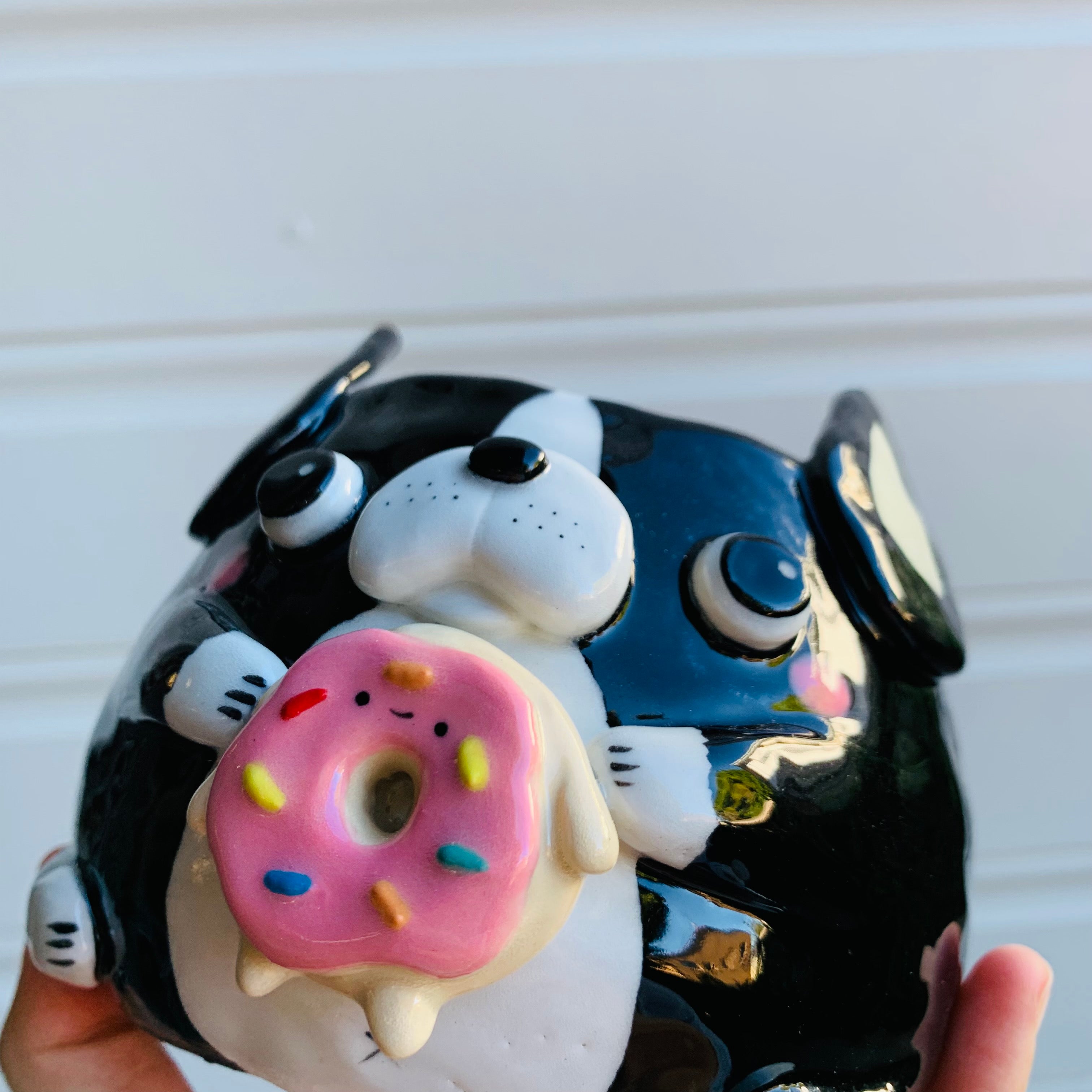 Boston terrier pot with donut friend